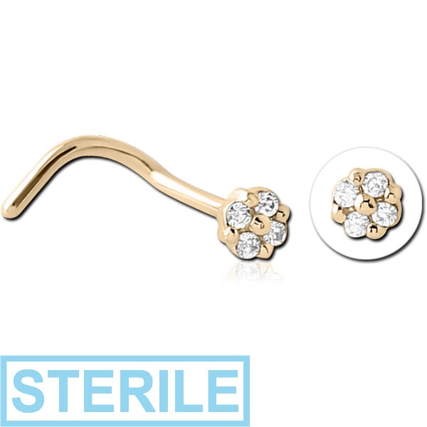 STERILE ZIRCON GOLD PVD COATED SURGICAL STEEL JEWELLED NOSE STUDS