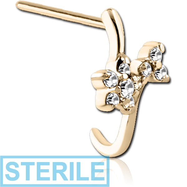 STERILE ZIRCON GOLD PVD COATED SURGICAL STEEL STRAIGHT JEWELLED WRAP AROUND NOSE STUD - FLOWERS