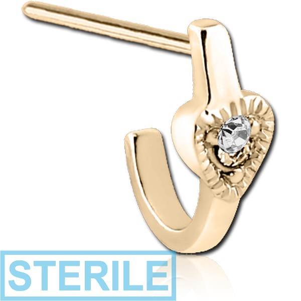 STERILE ZIRCON GOLD PVD COATED SURGICAL STEEL STRAIGHT JEWELLED WRAP AROUND NOSE STUD - BIG HEART FLAT BAR