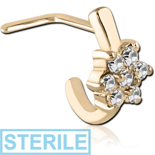 STERILE ZIRCON GOLD PVD COATED SURGICAL STEEL 90 DEGREE JEWELLED WRAP AROUND NOSE STUD - 7 GEM FLOWER