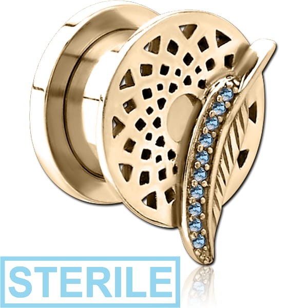 STERILE ZIRCON GOLD PVD COATED STAINLESS STEEL THREADED TUNNEL WITH SURGICAL STEEL JEWELLED TOP