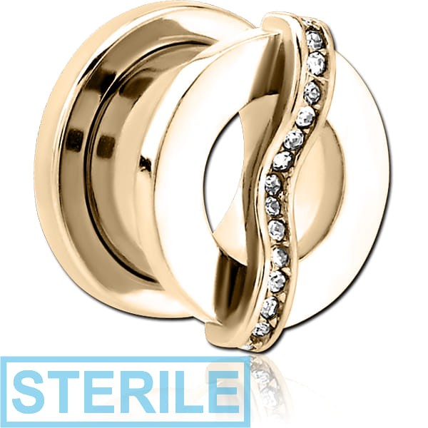 STERILE ZIRCON GOLD PVD COATED STAINLESS STEEL THREADED TUNNEL WITH SURGICAL STEEL JEWELLED TOP