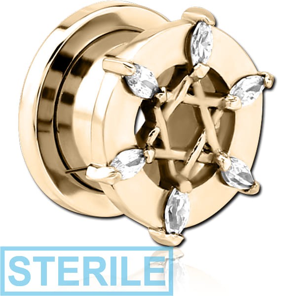 STERILE ZIRCON GOLD PVD COATED STAINLESS STEEL THREADED TUNNEL WITH SURGICAL STEEL JEWELLED TOP