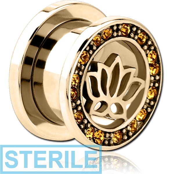 STERILE ZIRCON GOLD PVD COATED STAINLESS STEEL THREADED TUNNEL WITH SURGICAL STEEL JEWELLED TOP