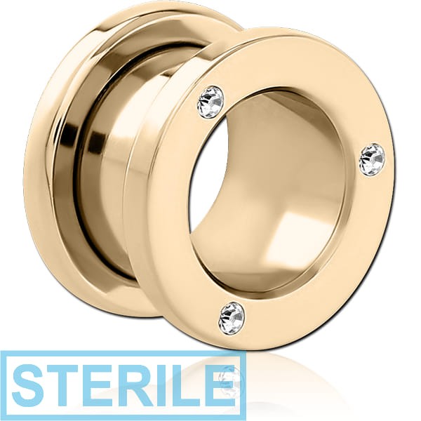 STERILE ZIRCON GOLD PVD COATED STAINLESS STEEL THREADED TUNNEL WITH SURGICAL STEEL JEWELLED TOP