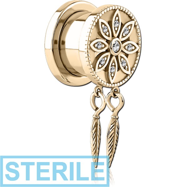 STERILE ZIRCON GOLD PVD COATED STAINLESS STEEL THREADED TUNNEL WITH SURGICAL STEEL JEWELLED TOP