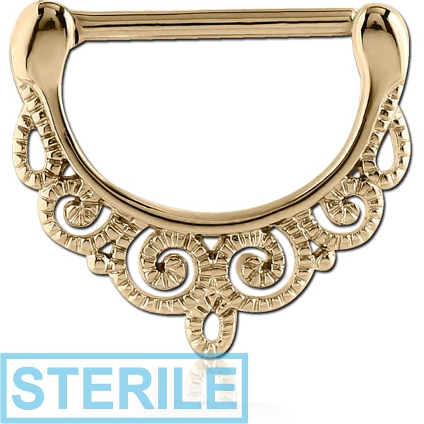 STERILE ZIRCON GOLD PVD COATED SURGICAL STEEL NIPPLE CLICKER - FILIGREE