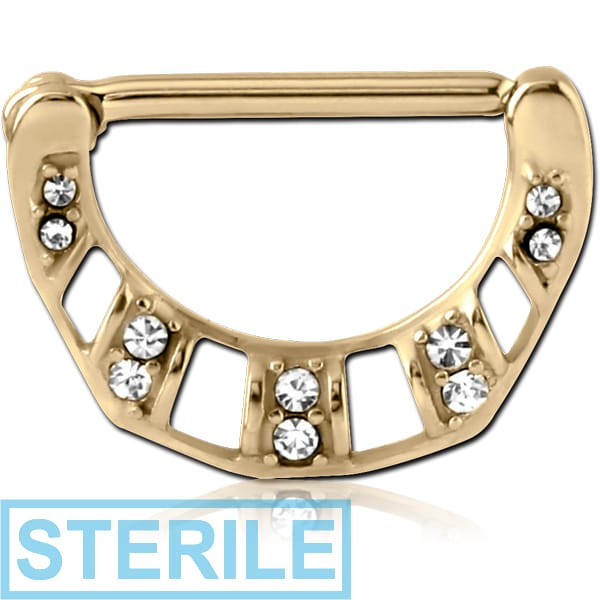 STERILE ZIRCON GOLD PVD COATED SURGICAL STEEL JEWELLED NIPPLE CLICKER - FILIGREE