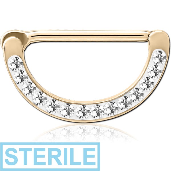 STERILE ZIRCON GOLD PVD COATED SURGICAL STEEL CRYSTALINE JEWELLED NIPPLE CLICKER