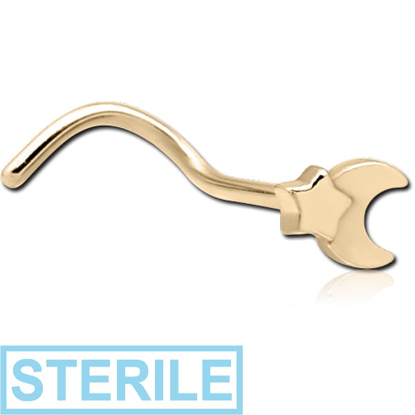 STERILE ZIRCON GOLD PVD COATED SURGICAL STEEL CURVED NOSE STUD - CRESEENT AND STAR