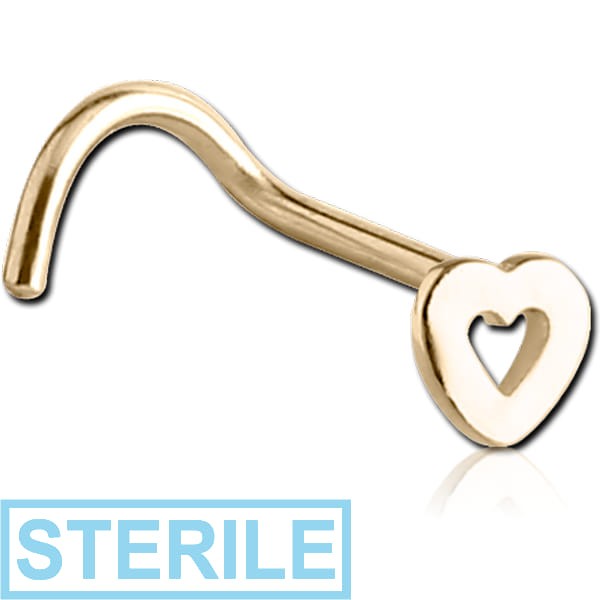 STERILE ZIRCON GOLD PVD COATED SURGICAL STEEL CURVED NOSE STUD - HEART