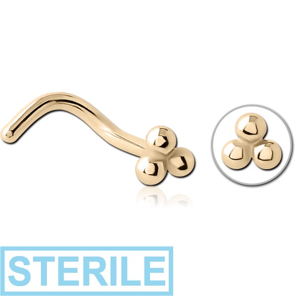 STERILE ZIRCON GOLD PVD COATED SURGICAL STEEL CURVED NOSE STUD