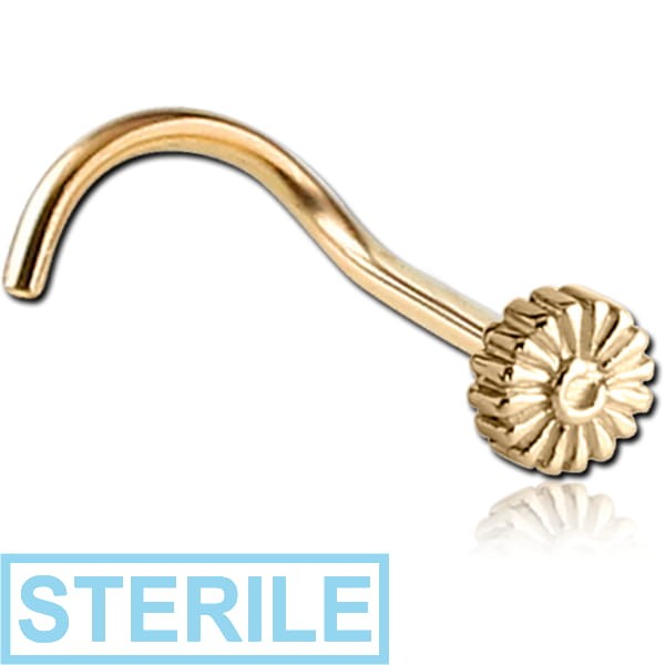 STERILE ZIRCON GOLD PVD COATED SURGICAL STEEL CURVED NOSE STUD - FLOWER