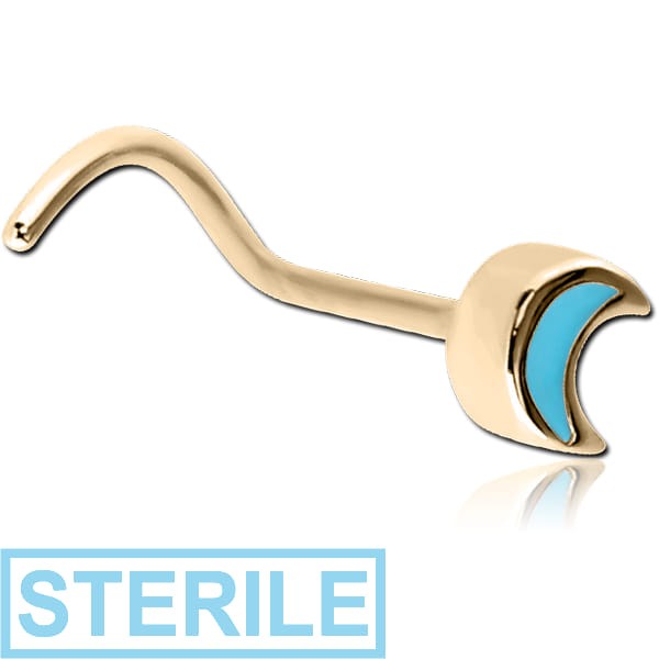 STERILE ZIRCON GOLD PVD COATED SURGICAL STEEL CURVED NOSE STUD - CRESCENT