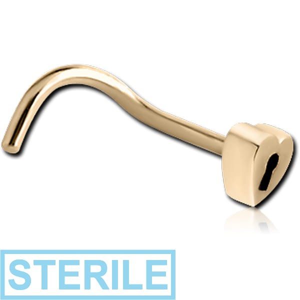 STERILE ZIRCON GOLD PVD COATED SURGICAL STEEL CURVED NOSE STUD - HEART LOCK