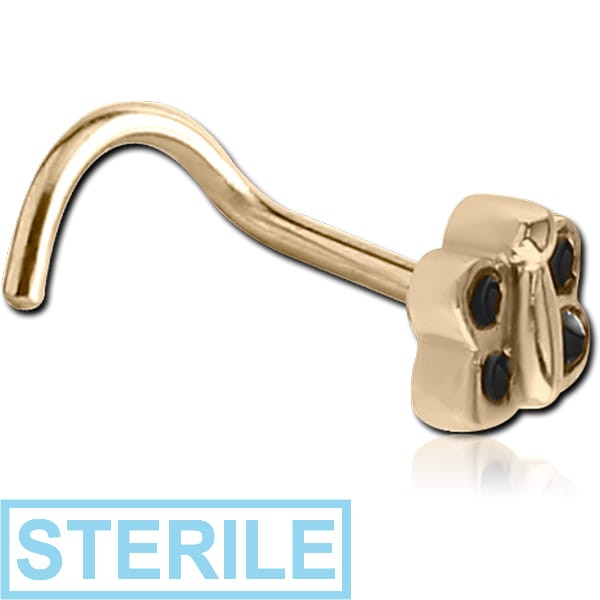 STERILE ZIRCON GOLD PVD COATED SURGICAL STEEL CURVED NOSE STUD - BUTTERFLY