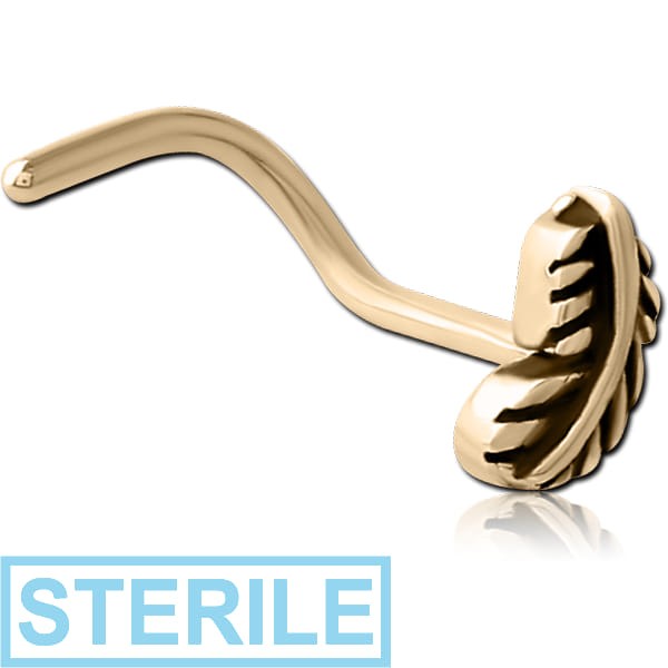 STERILE ZIRCON GOLD PVD COATED SURGICAL STEEL CURVED NOSE STUD - FEATHER