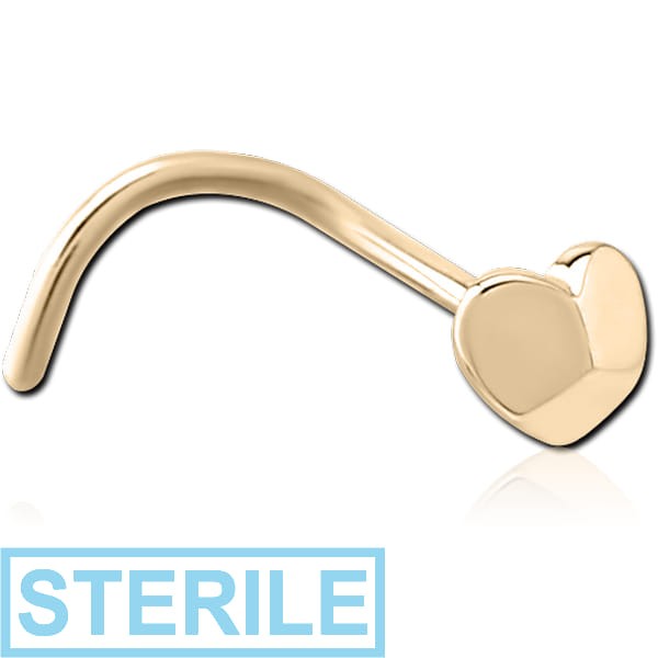STERILE ZIRCON GOLD PVD COATED SURGICAL STEEL CURVED NOSE STUD - 3D HEART