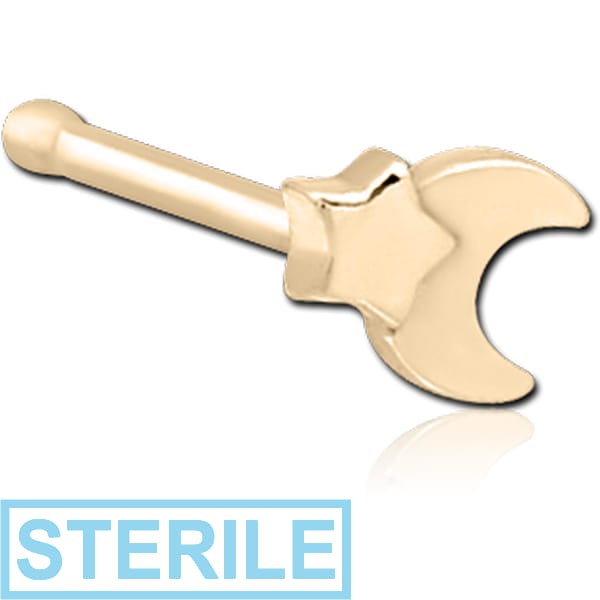 STERILE ZIRCON GOLD PVD COATED SURGICAL STEEL NOSE BONE - CRESCENT AND STAR