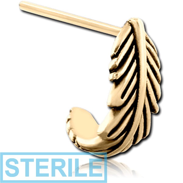 STERILE ZIRCON GOLD PVD COATED SURGICAL STEEL STRAIGHT WRAP AROUND NOSE STUD - FEATHER