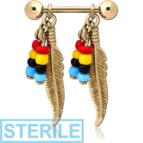 STERILE ZIRCON GOLD PVD COATED SURGICAL STEEL NIPPLE SHIELD - BEADS AND FEATHER