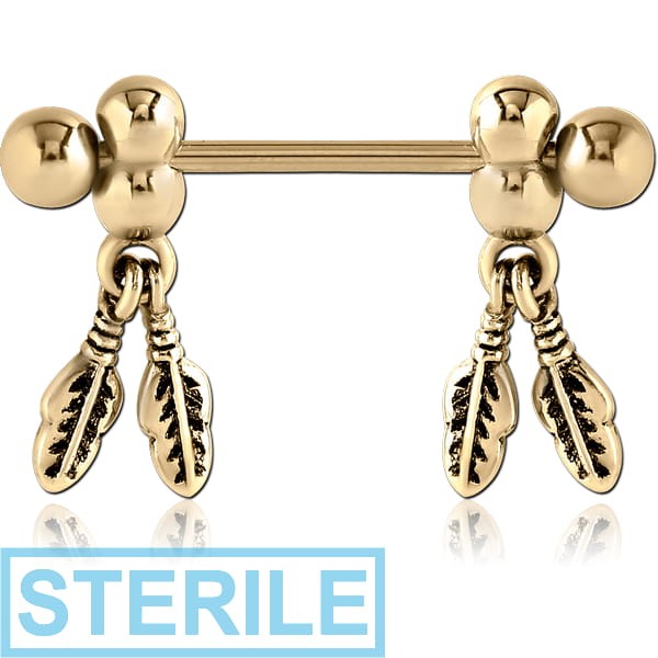 STERILE ZIRCON GOLD PVD COATED SURGICAL STEEL NIPPLE SHIELD - FEATHER