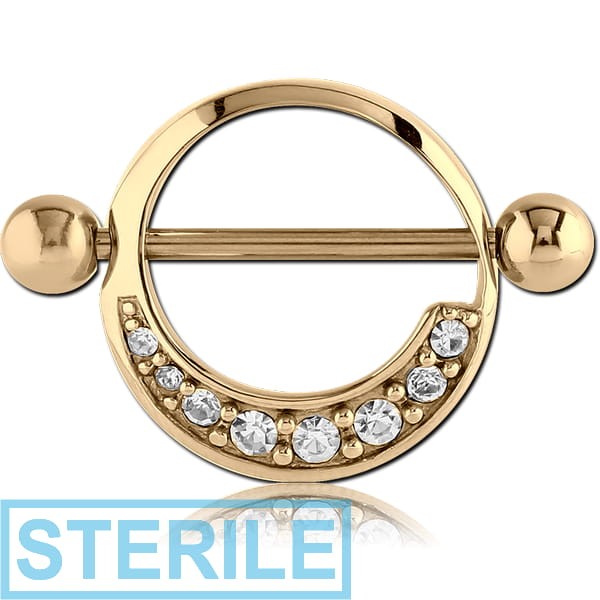 STERILE ZIRCON GOLD PVD COATED SURGICAL STEEL JEWELLED NIPPLE SHIELD - ROUND