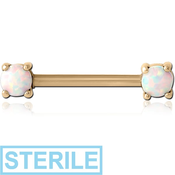 STERILE ZIRCON GOLD PVD COATED SURGICAL STEEL EXTERNAL THREADED SYNTHETIC OPAL NIPPLE BAR