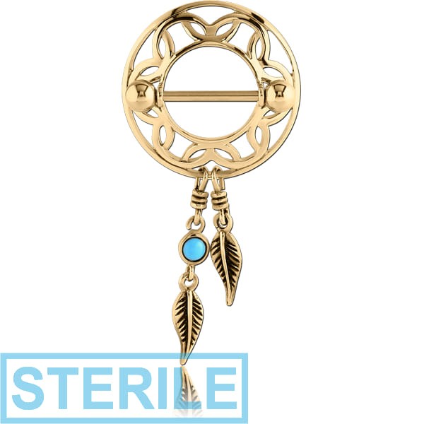 STERILE ZIRCON GOLD PVD COATED SURGICAL STEEL TURQUOISE DREAMCATCHER WITH FEATHERS NIPPLE SHIELD