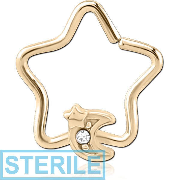 STERILE ZIRCON GOLD PVD COATED SURGICAL STEEL JEWELLED OPEN STAR SEAMLESS RING - CRESCENT AND STAR