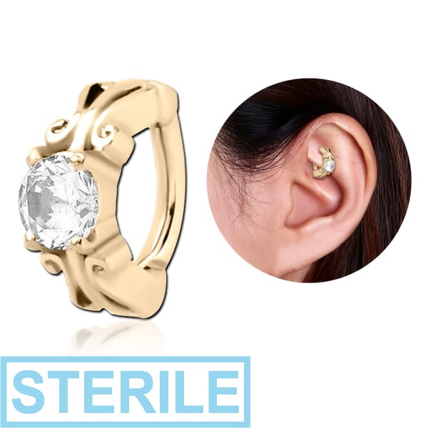 STERILE ZIRCON GOLD PVD COATED SURGICAL STEEL PRONG SET JEWELLED ROOK CLICKER - FANCY 3MM CENTER STONE