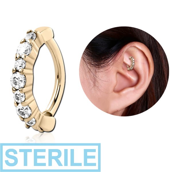 STERILE ZIRCON GOLD PVD COATED SURGICAL STEEL PRONG SET JEWELLED ROOK CLICKER - ZEBRA 1.5MM AND 2MM STONES