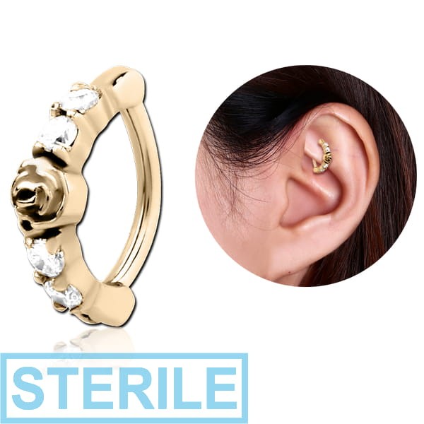 STERILE ZIRCON GOLD PVD COATED SURGICAL STEEL PRONG SET JEWELLED ROOK CLICKER - CENTER ROSE