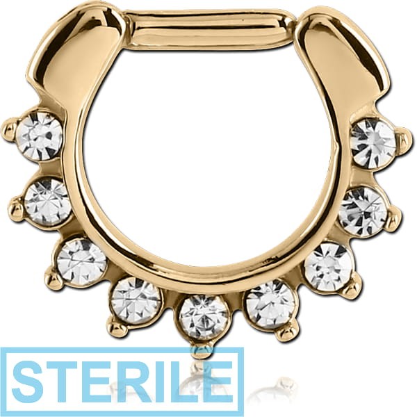 STERILE ZIRCON GOLD PVD COATED SURGICAL STEEL ROUND JEWELLED HINGED SEPTUM CLICKER