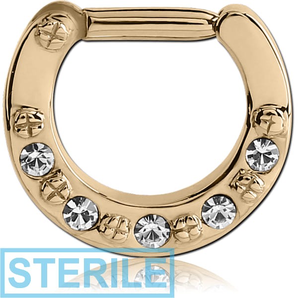 STERILE ZIRCON GOLD PVD COATED SURGICAL STEEL ROUND JEWELLED HINGED SEPTUM CLICKER