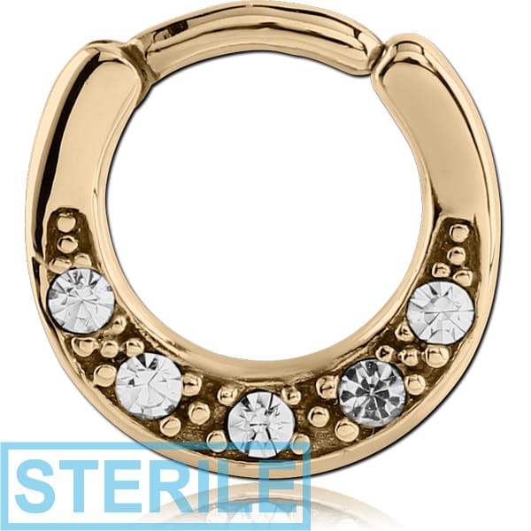 STERILE ZIRCON GOLD PVD COATED SURGICAL STEEL ROUND JEWELLED HINGED SEPTUM CLICKER