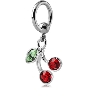 SURGICAL STEEL BALL CLOSURE RING WITH JEWELLED CHERRIES CHARM