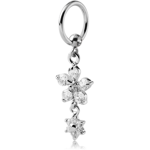 SURGICAL STEEL JEWELLED BALL CLOSURE RING WITH JEWELLED FLOWERS CHARM