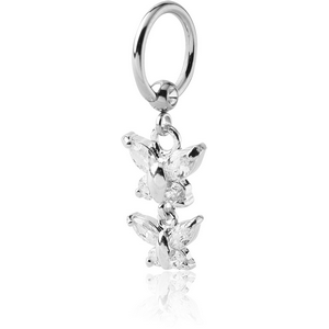SURGICAL STEEL JEWELLED BALL CLOSURE RING WITH JEWELLED BUTTERFLIES CHARM