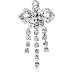 RHODIUM PLATED BRASS JEWELLED BOW DANGLING CHARM