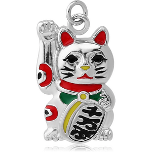 RHODIUM PLATED BRASS CHARM WITH ENAMEL - CHINESE CAT