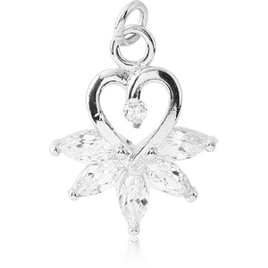RHODIUM PLATED BRASS JEWELLED HEART CHARM WITH MARQUISE STONES