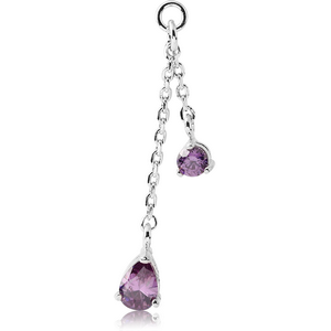 RHODIUM PLATED BRASS PRONG SET JEWELLED CHARM - DANGLING ROUND AND TEAR DROP
