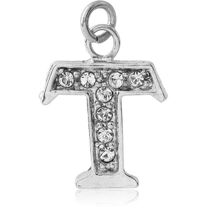 RHODIUM PLATED BRASS JEWELLED LETTER CHARM - T