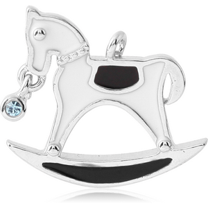RHODIUM PLATED BRASS JEWELLED CHARM WITH ENAMEL - ROCKING HORSE