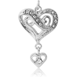 RHODIUM PLATED BRASS JEWELLED DOUBLE HEART CHARM