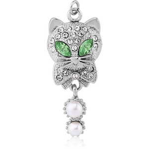 RHODIUM PLATED BRASS JEWELLED CAT CHARM WITH SYNTHETIC PEARLS