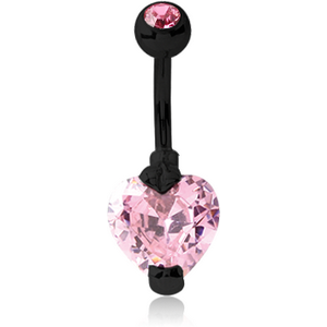 BLACK PVD COATED SURGICAL STEEL HEART 10MM CZ DOUBLE JEWELLED NAVEL BANANA