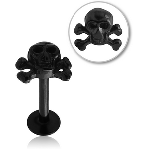 BLACK PVD COATED SURGICAL STEEL MICRO LABRET WITH ATTACHMENT - CROSSBONES SKULL