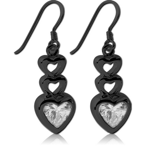BLACK PVD COATED SURGICAL STEEL JEWELLED EARRINGS - THREE HEARTS